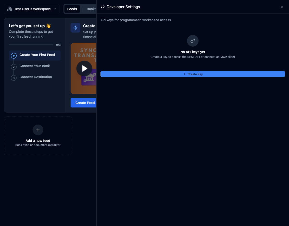 Developer settings page showing empty API keys list